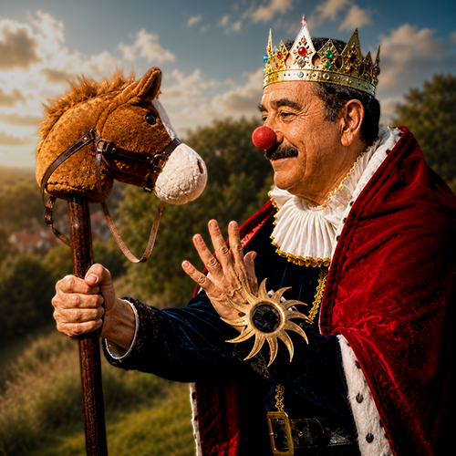 Laurent Gérard en roi couronné au nez de clown, tenant un cheval-bâton