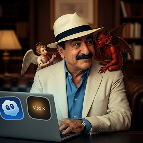Laurent Gérard devant un ordinateur portable, un ange et un démon miniatures sur les épaules