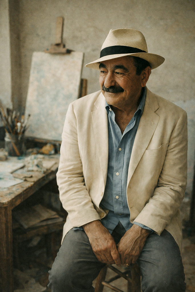 Laurent Gérard assis dans un atelier de peintre, chevalet en arrière-plan