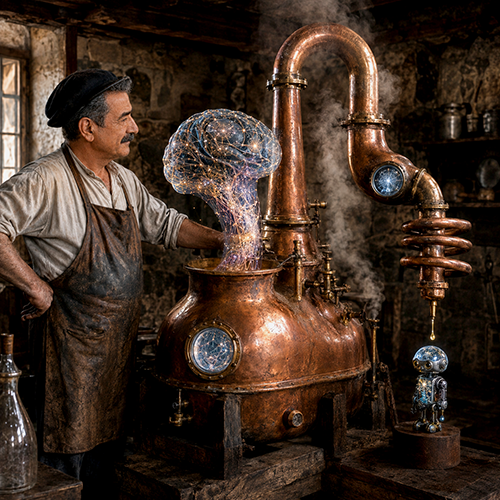 Laurent Gérard distillant une essence en forme de cerveau dans un alambic