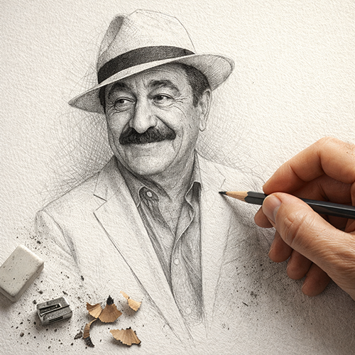Portrait de Laurent Gérard en cours de dessin au crayon, avec gomme et taille-crayon