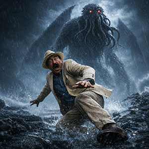 Laurent Gérard fuyant une créature tentaculaire inspirée de Cthulhu