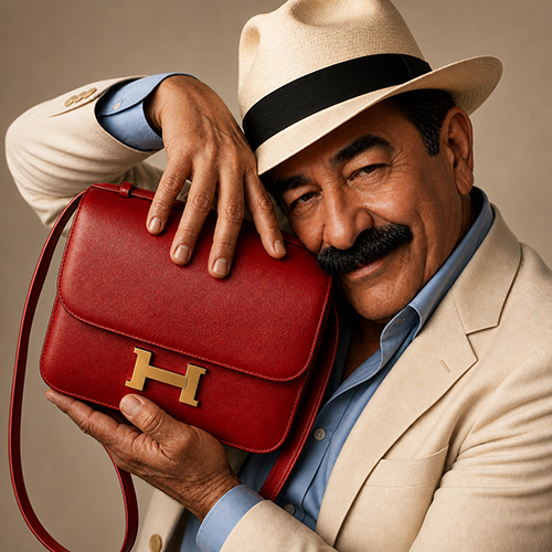 Laurent Gérard enlaçant tendrement un sac à main Hermès rouge