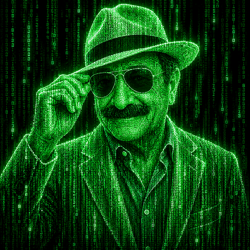 Laurent Gérard en lunettes noires et chapeau, silhouette en pluie de caractères façon Matrix