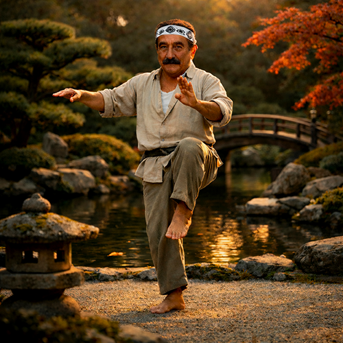 Laurent Gérard en posture de karaté façon Mr Miyagi dans un jardin japonais