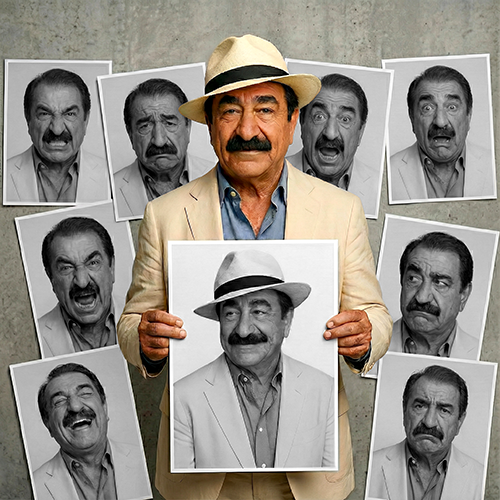 Laurent Gérard entouré de portraits de lui-même aux expressions différentes