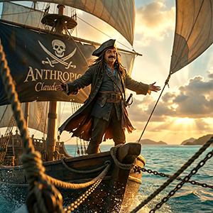 Laurent Gérard en capitaine pirate à la proue d'un navire, pavillon Anthropic Claude