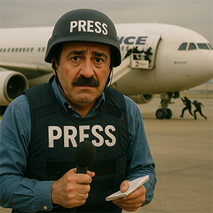 Laurent Gérard en correspondant de guerre, gilet presse, devant un avion