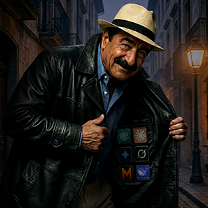 Laurent Gérard en vendeur à la sauvette, manteau doublé de badges d'IA