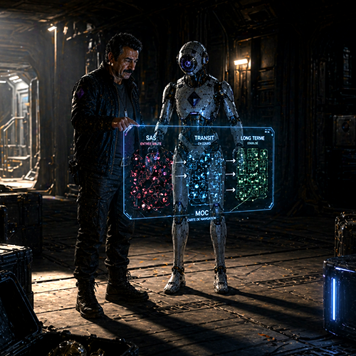 Laurent Gérard face à un androïde consultant une carte de navigation holographique, scène de science-fiction