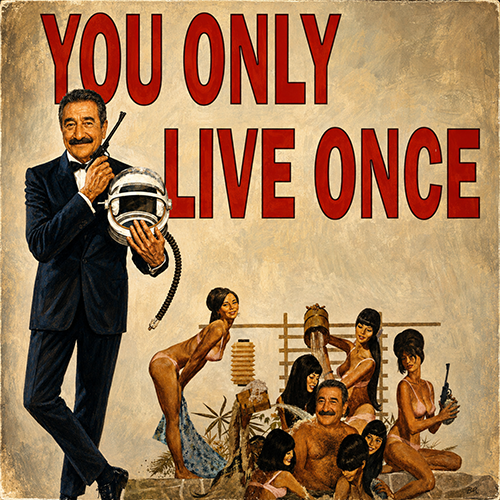Affiche façon James Bond parodique : You Only Live Once, Laurent Gérard au premier plan