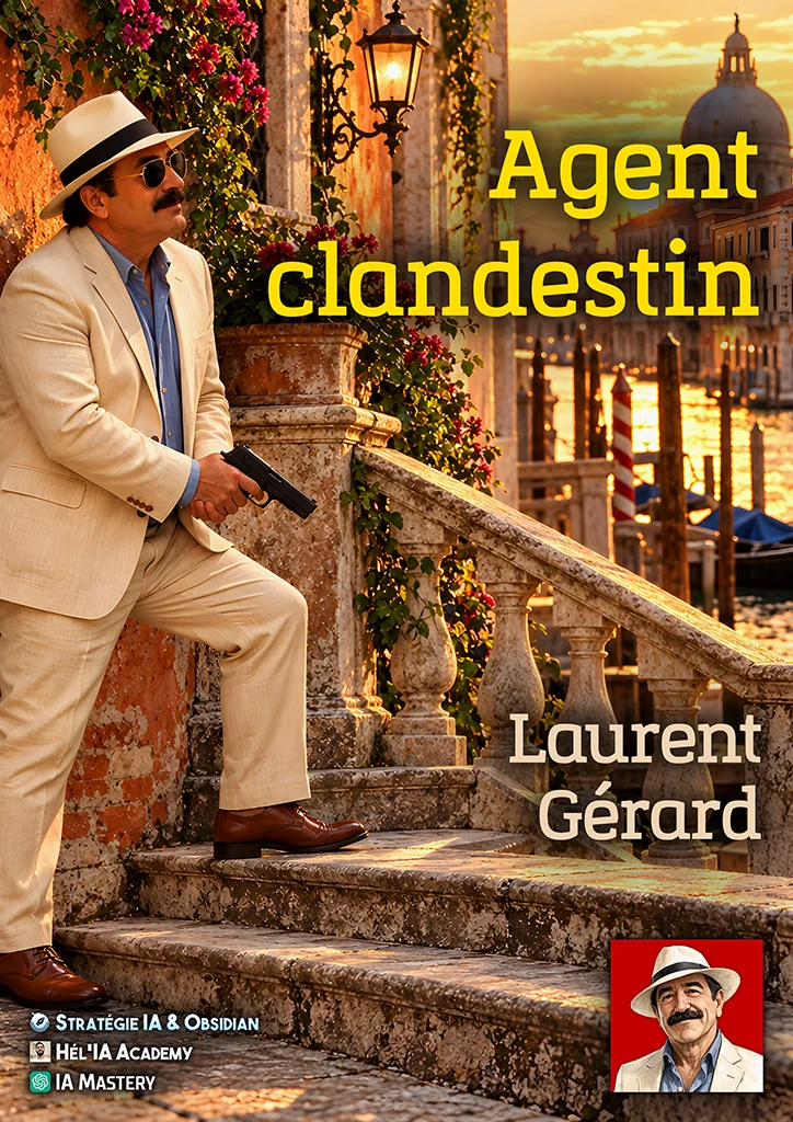 Couverture de la nouvelle Agent clandestin : Laurent Gérard en costume clair, un pistolet à la main, sur un escalier de Venise au coucher du soleil.