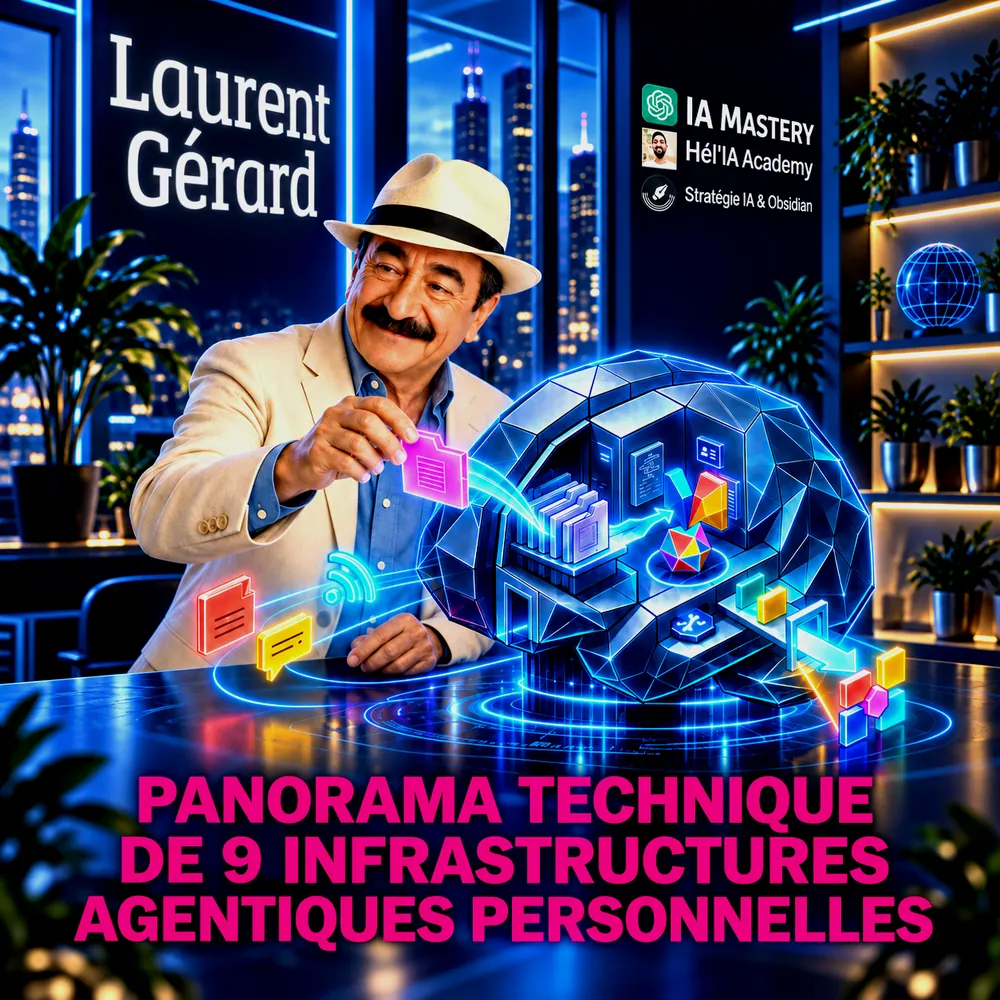 Laurent Gérard glisse un dossier dans un cerveau d’architecture lumineuse. Panorama technique de 9 infrastructures agentiques personnelles.