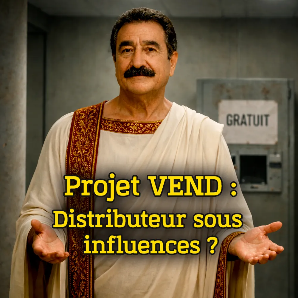 Laurent Gérard en empereur romain, devant un distributeur marqué « Gratuit ». Projet VEND : distributeur sous influences ?